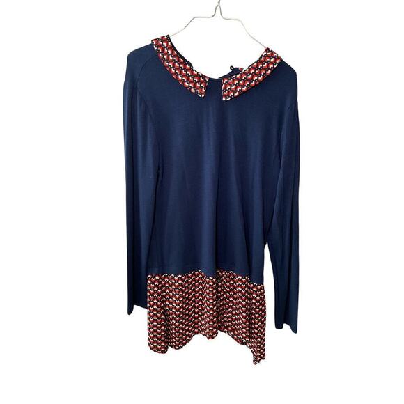 NY Collection Blouse  Long Sleeves Peter Pan Collar Heart Print Blue Large - Picture 2 of 5